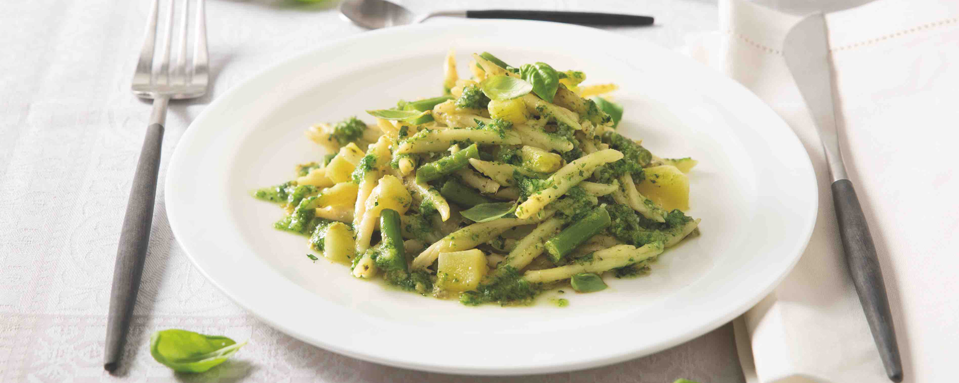 Trofie mit Pestosauce, Kartoffeln und grünen Bohnen