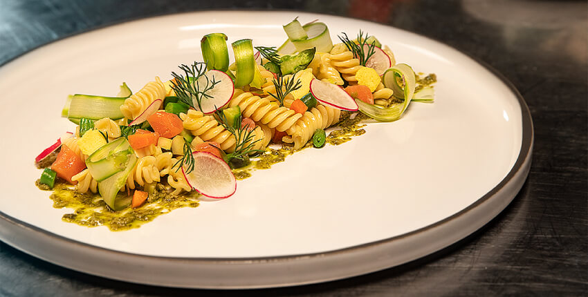 Plate of Fusilli, Pesto alla Genovese, salmon and dill
