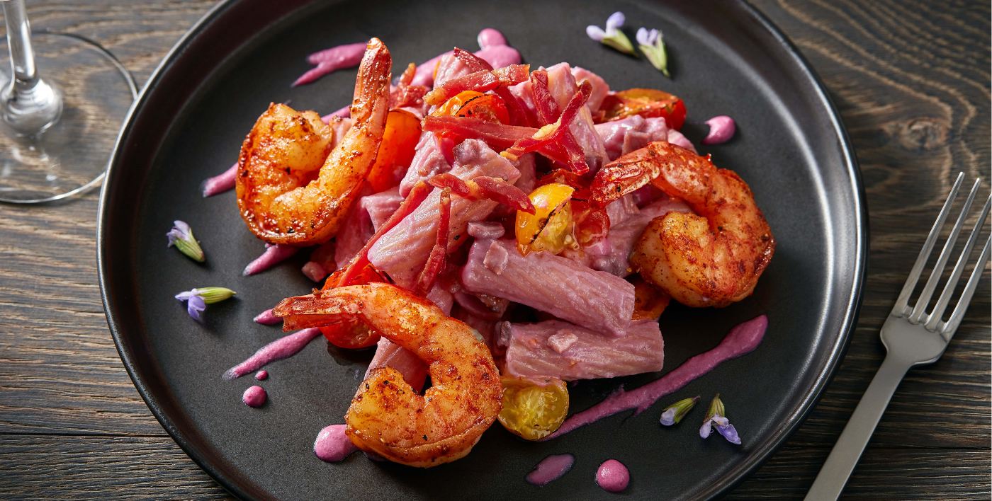 CHARGRILLED SHRIMP RIGATONI WITH UBE SOUBISE
  
 | Barilla for Professionals USA