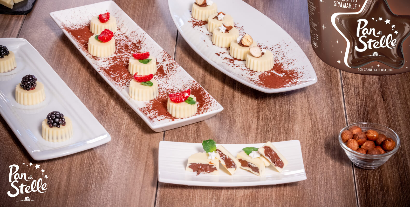 Composizione piatti di cioccolatini con Crema pan di stelle